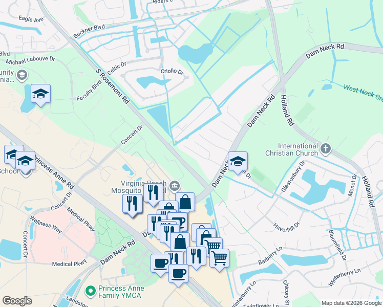 map of restaurants, bars, coffee shops, grocery stores, and more near 1709 Brigands Way in Virginia Beach