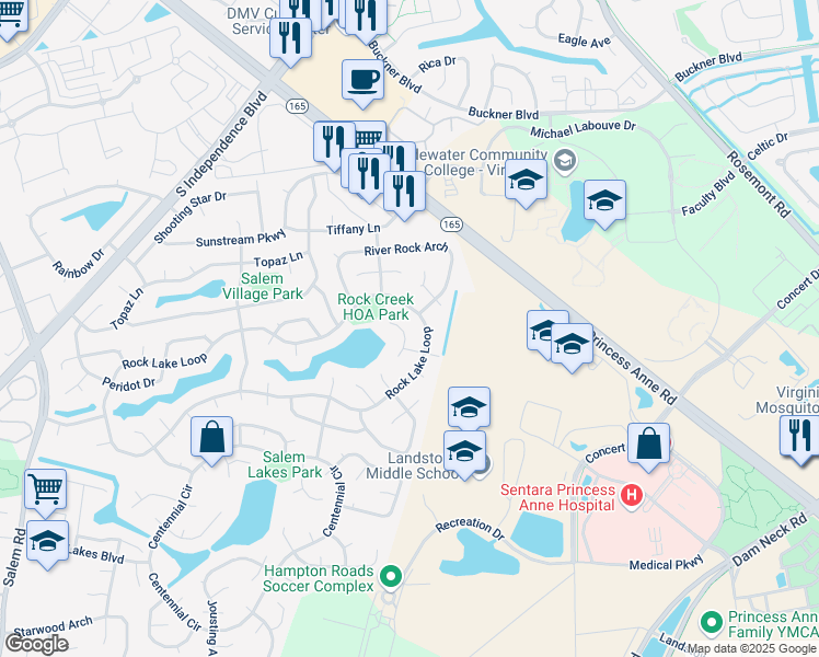 map of restaurants, bars, coffee shops, grocery stores, and more near 2084 Rock Lake Loop in Virginia Beach