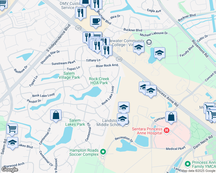 map of restaurants, bars, coffee shops, grocery stores, and more near 2084 Rock Lake Loop in Virginia Beach