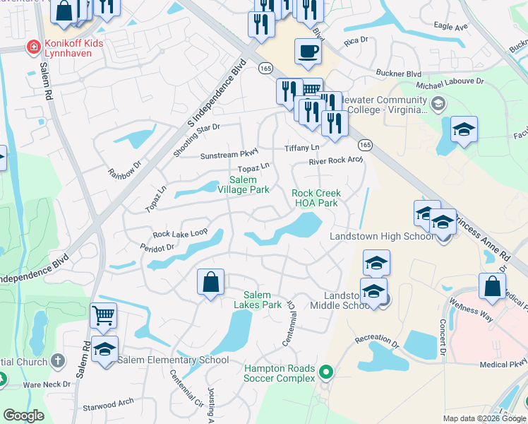 map of restaurants, bars, coffee shops, grocery stores, and more near 2025 Rippling Rock Drive in Virginia Beach