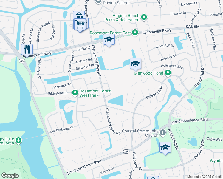 map of restaurants, bars, coffee shops, grocery stores, and more near 1200 Sydenham Court in Virginia Beach