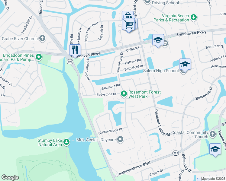 map of restaurants, bars, coffee shops, grocery stores, and more near 1808 Eddystone Lane in Virginia Beach