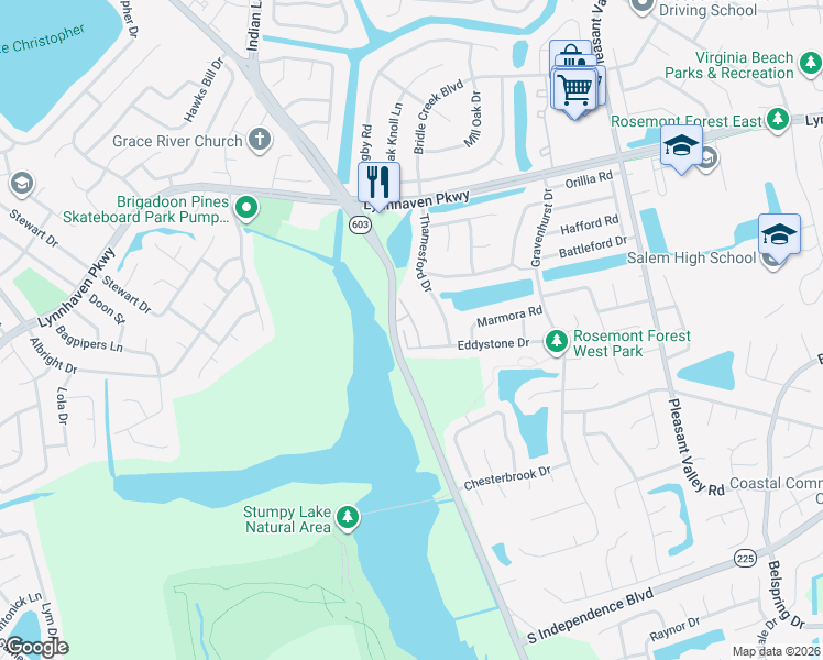 map of restaurants, bars, coffee shops, grocery stores, and more near 1507 April Court in Virginia Beach