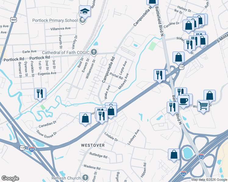 map of restaurants, bars, coffee shops, grocery stores, and more near 2014 Coral Avenue in Chesapeake