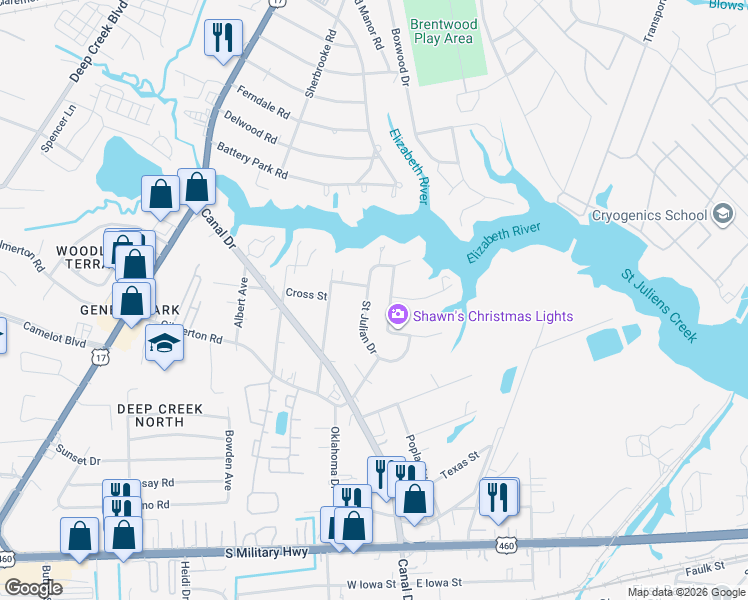 map of restaurants, bars, coffee shops, grocery stores, and more near in Chesapeake