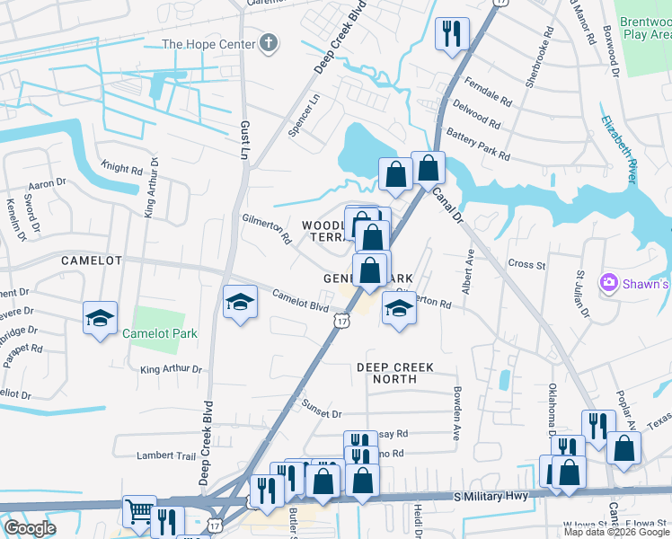 map of restaurants, bars, coffee shops, grocery stores, and more near 2629 Gilmerton Road in Chesapeake