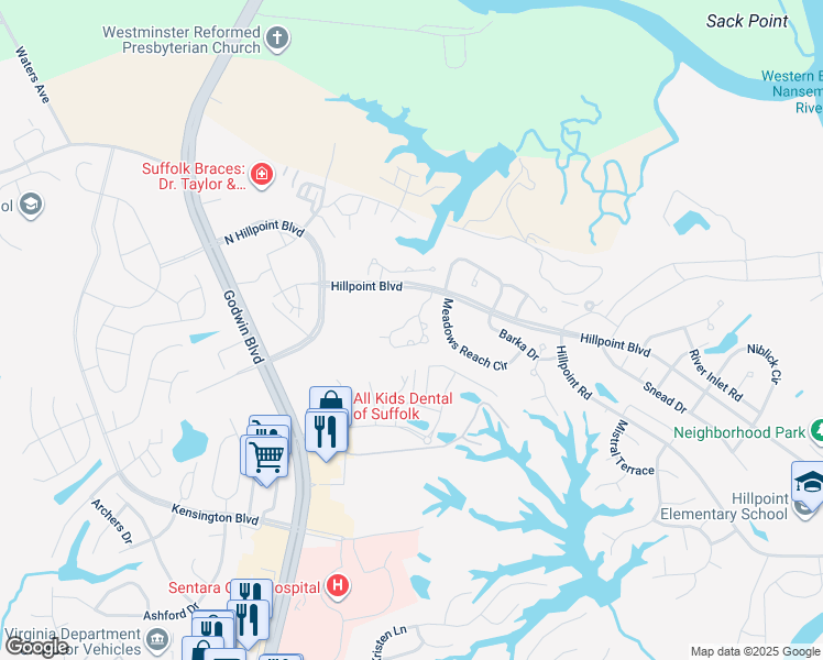 map of restaurants, bars, coffee shops, grocery stores, and more near 1004 Meadows Reach Circle in Suffolk