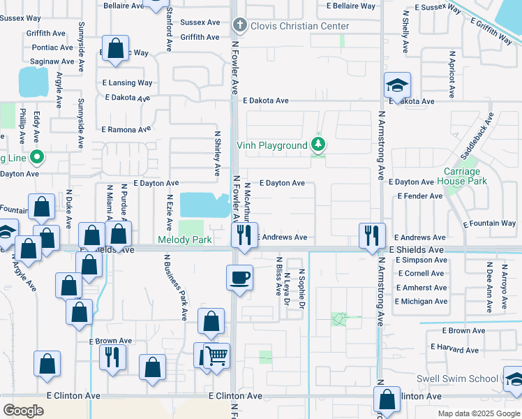 map of restaurants, bars, coffee shops, grocery stores, and more near 6045 East Cortland Avenue in Fresno