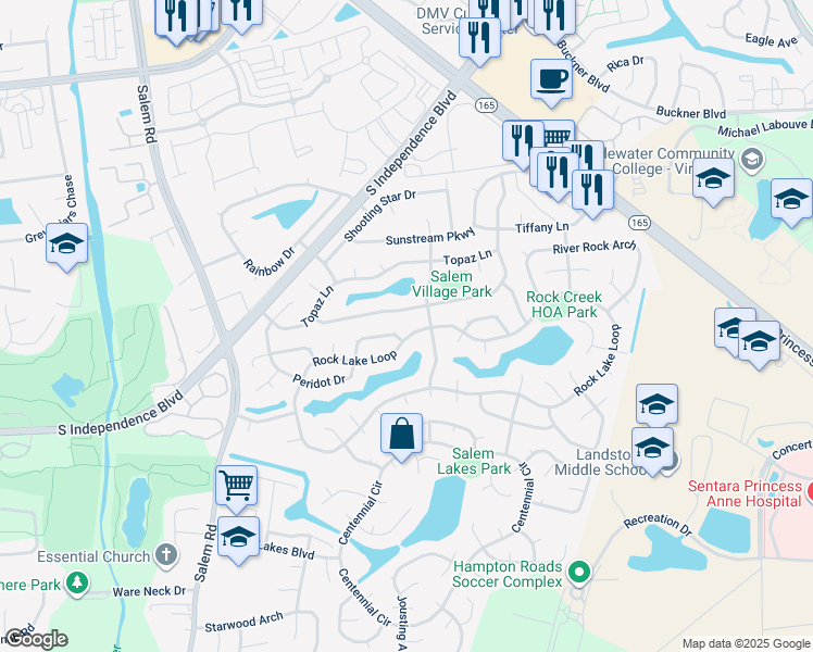 map of restaurants, bars, coffee shops, grocery stores, and more near 1917 Rock Lake Loop in Virginia Beach