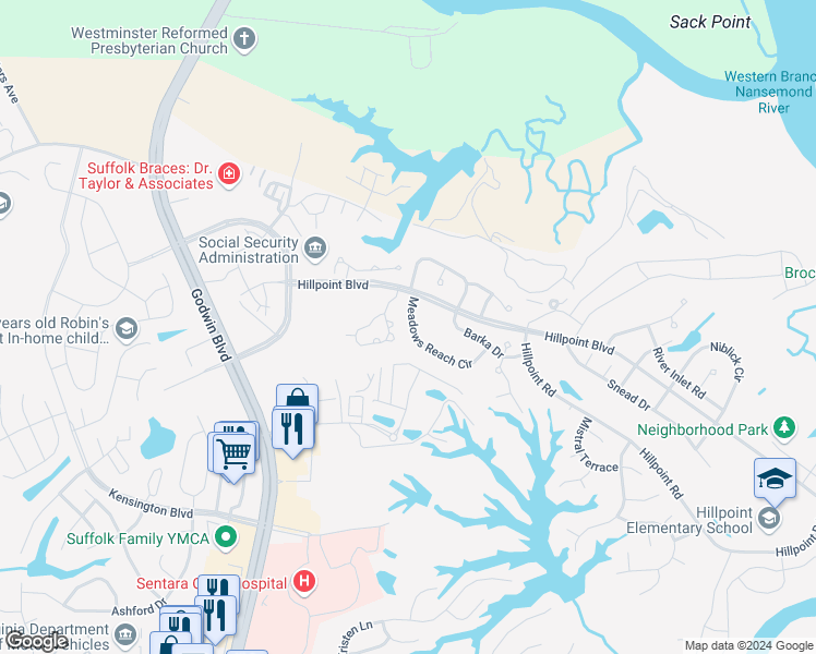 map of restaurants, bars, coffee shops, grocery stores, and more near 1006 Meadows Reach Circle in Suffolk