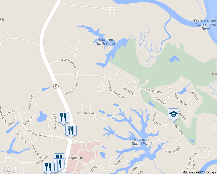 map of restaurants, bars, coffee shops, grocery stores, and more near 1006 Meadows Reach Circle in Suffolk
