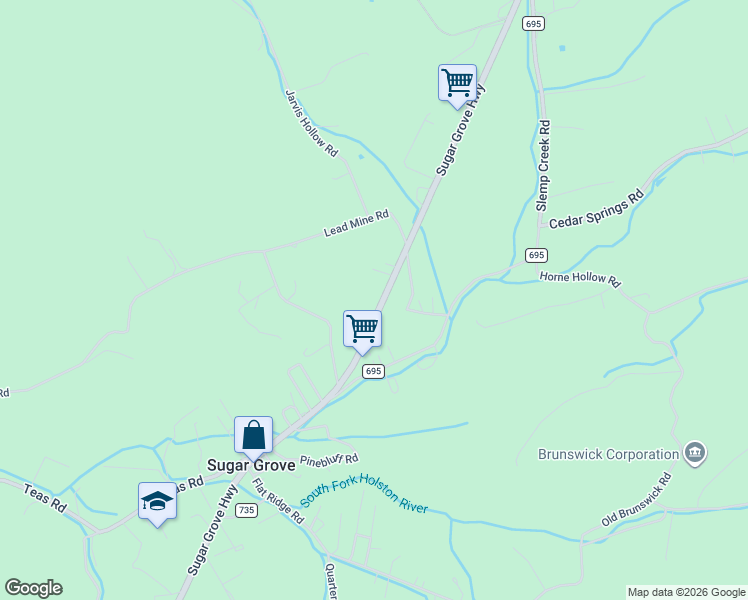 map of restaurants, bars, coffee shops, grocery stores, and more near 5154 Sugar Grove Hwy in Sugar Grove