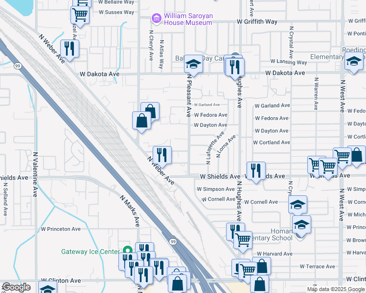 map of restaurants, bars, coffee shops, grocery stores, and more near 2530 West Fountain Way in Fresno