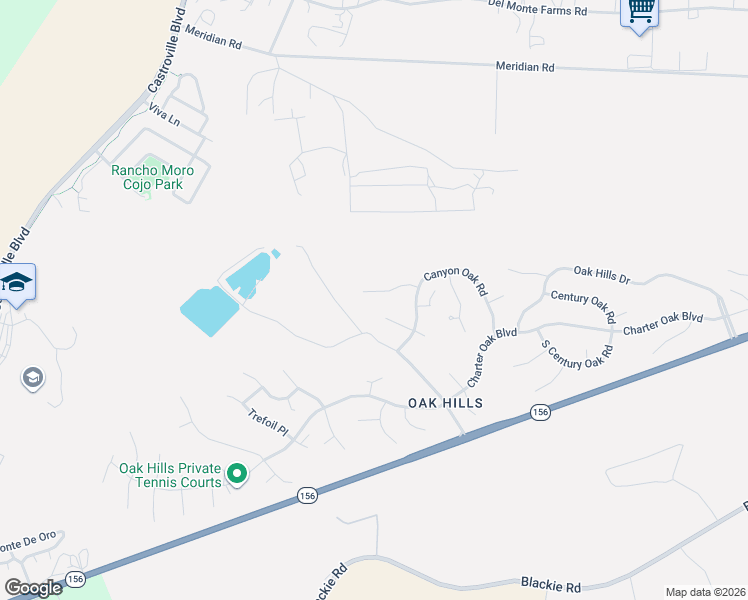 map of restaurants, bars, coffee shops, grocery stores, and more near 14832 Mossy Oak Place in Salinas