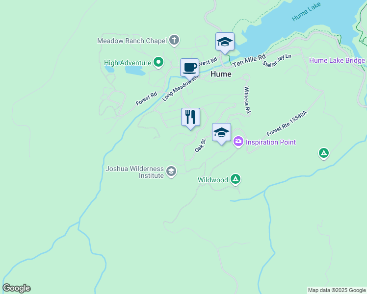 map of restaurants, bars, coffee shops, grocery stores, and more near 65302 Ponderosa Avenue in Hume