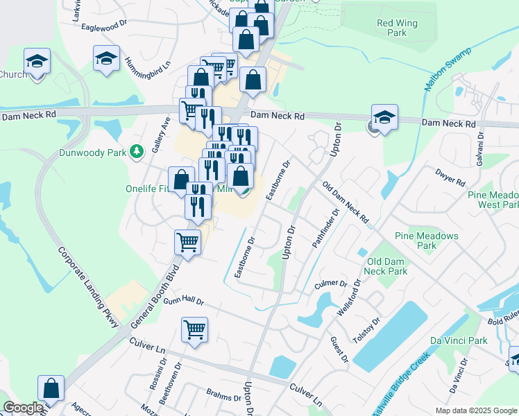 map of restaurants, bars, coffee shops, grocery stores, and more near 1771 Eastborne Drive in Virginia Beach