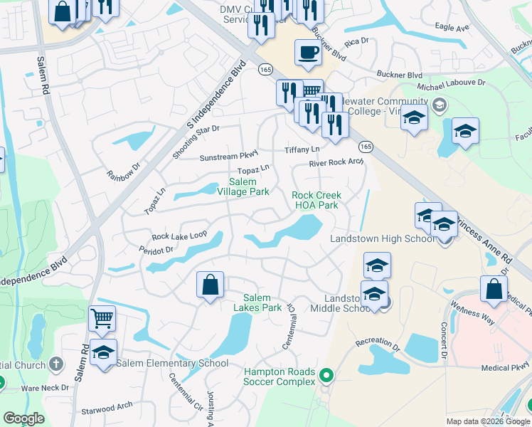 map of restaurants, bars, coffee shops, grocery stores, and more near 2025 Rippling Rock Drive in Virginia Beach
