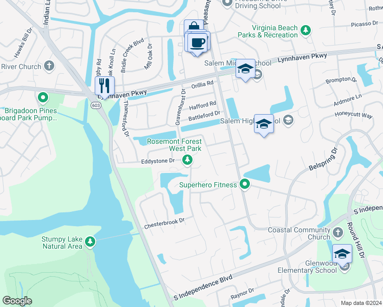 map of restaurants, bars, coffee shops, grocery stores, and more near 1332 Gravenhurst Circle in Virginia Beach