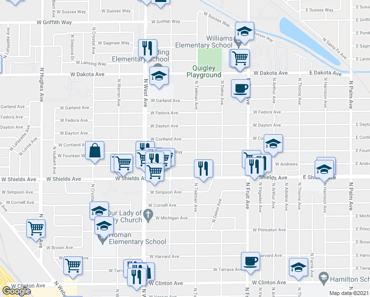 map of restaurants, bars, coffee shops, grocery stores, and more near 946 West Fountain Way in Fresno