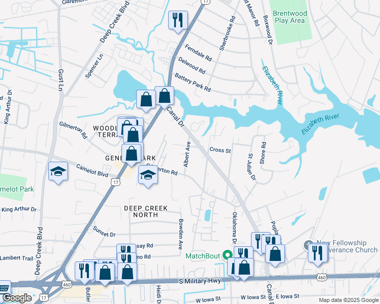 map of restaurants, bars, coffee shops, grocery stores, and more near 2315 Cross Street in Chesapeake