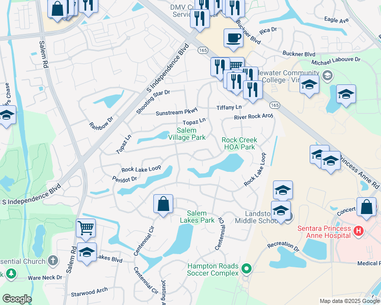 map of restaurants, bars, coffee shops, grocery stores, and more near 1957 Rock Lake Loop in Virginia Beach