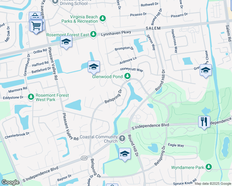 map of restaurants, bars, coffee shops, grocery stores, and more near 1908 Fayson Court in Virginia Beach