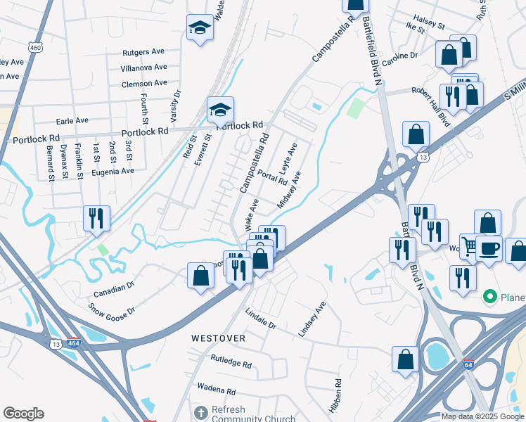 map of restaurants, bars, coffee shops, grocery stores, and more near 2014 Coral Avenue in Chesapeake