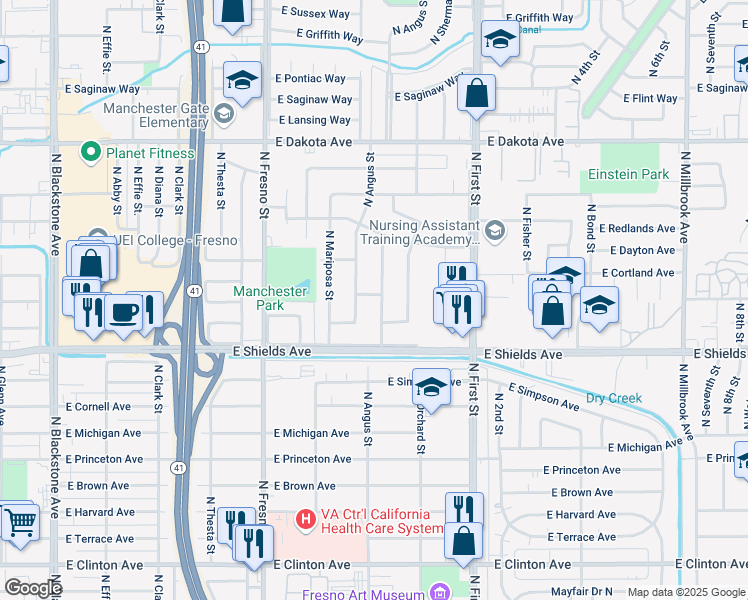 map of restaurants, bars, coffee shops, grocery stores, and more near 3341 North Callisch Street in Fresno