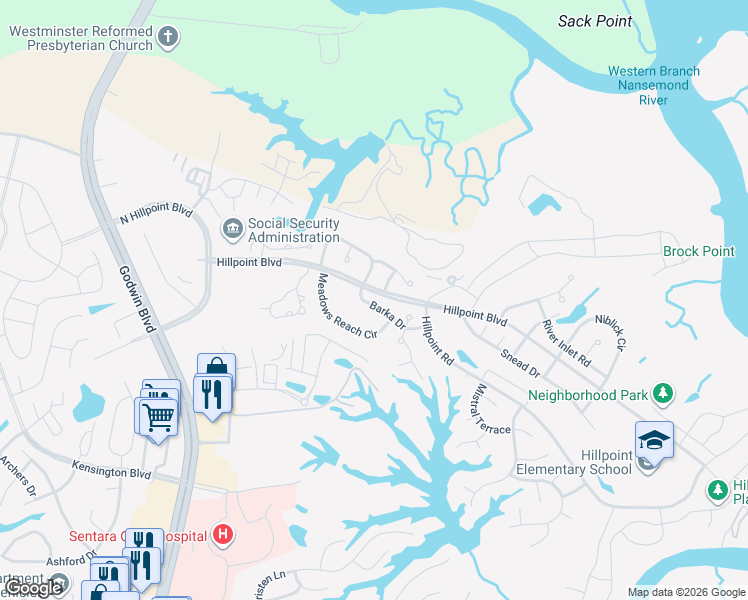 map of restaurants, bars, coffee shops, grocery stores, and more near 2005 Barka Drive in Suffolk