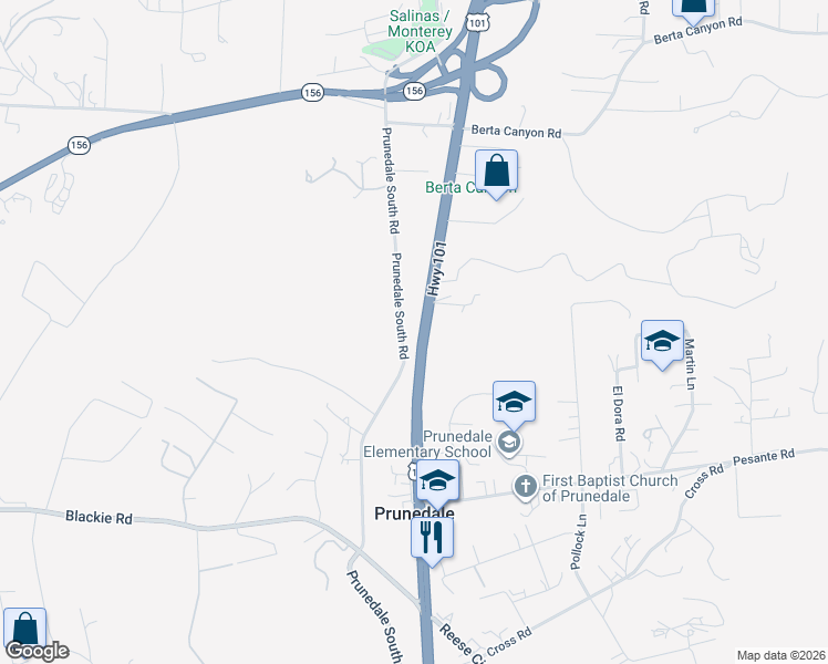map of restaurants, bars, coffee shops, grocery stores, and more near 9345 Prunedale South Road in Salinas