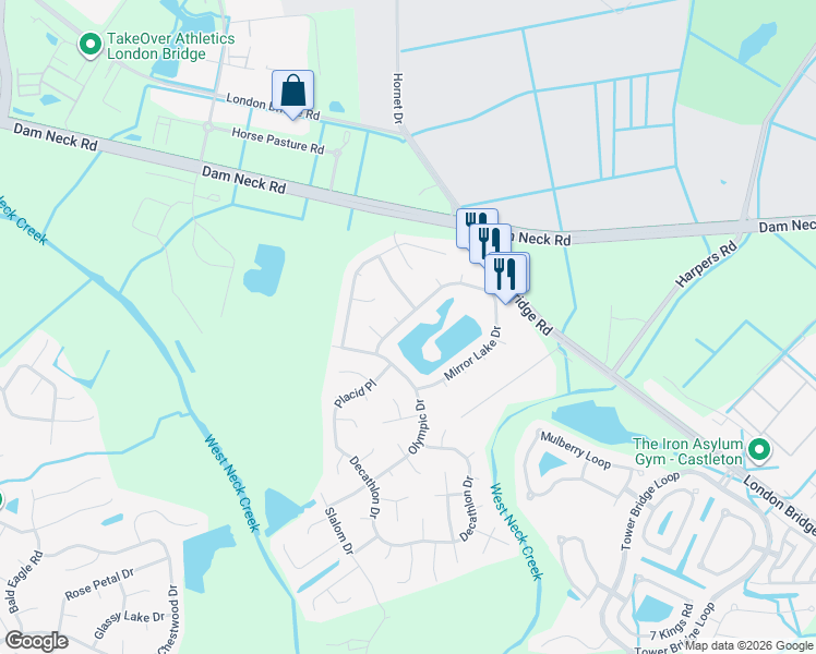map of restaurants, bars, coffee shops, grocery stores, and more near 2320 Mirror Lake Drive in Virginia Beach