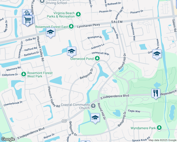 map of restaurants, bars, coffee shops, grocery stores, and more near 1908 Fayson Court in Virginia Beach