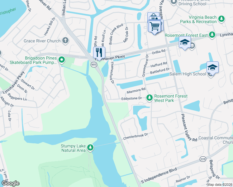 map of restaurants, bars, coffee shops, grocery stores, and more near 1457 Thamesford Drive in Virginia Beach