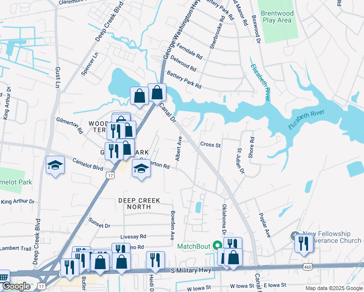 map of restaurants, bars, coffee shops, grocery stores, and more near 2315 Cross Street in Chesapeake
