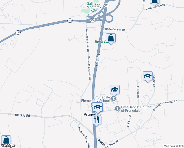 map of restaurants, bars, coffee shops, grocery stores, and more near 9345 Prunedale South Road in Salinas