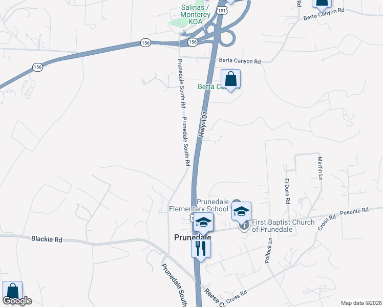 map of restaurants, bars, coffee shops, grocery stores, and more near 9345 Prunedale South Road in Salinas