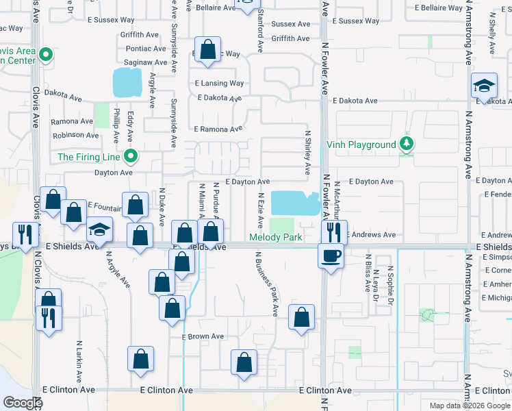 map of restaurants, bars, coffee shops, grocery stores, and more near 3415 North Ezie Avenue in Fresno
