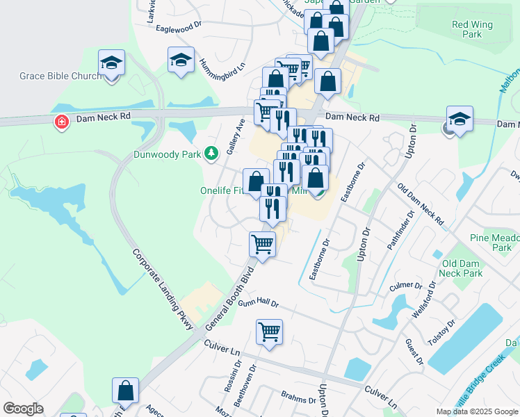 map of restaurants, bars, coffee shops, grocery stores, and more near 1724 Gallery Avenue in Virginia Beach