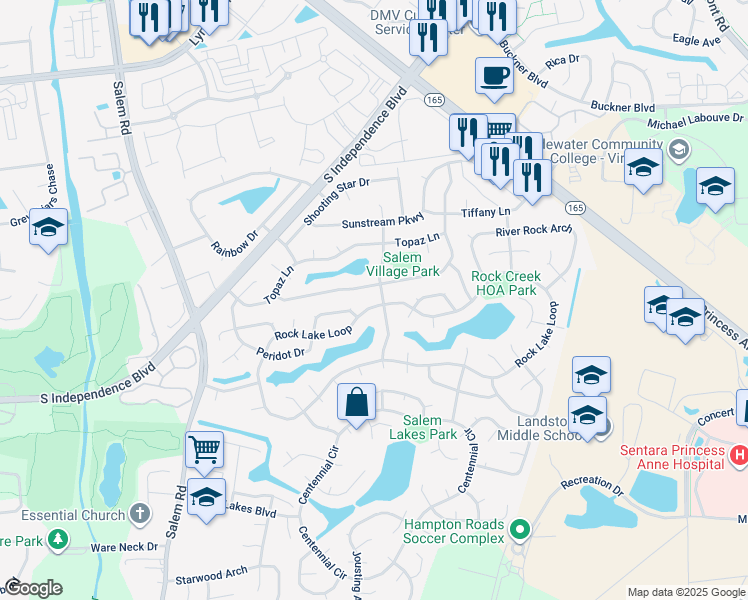 map of restaurants, bars, coffee shops, grocery stores, and more near 1929 Rock Lake Loop in Virginia Beach