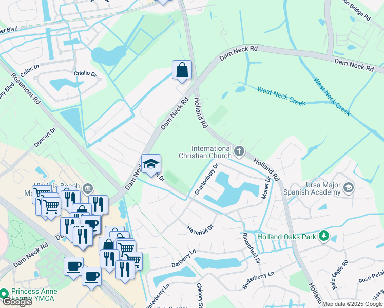 map of restaurants, bars, coffee shops, grocery stores, and more near 3325 Dam Neck Road in Virginia Beach