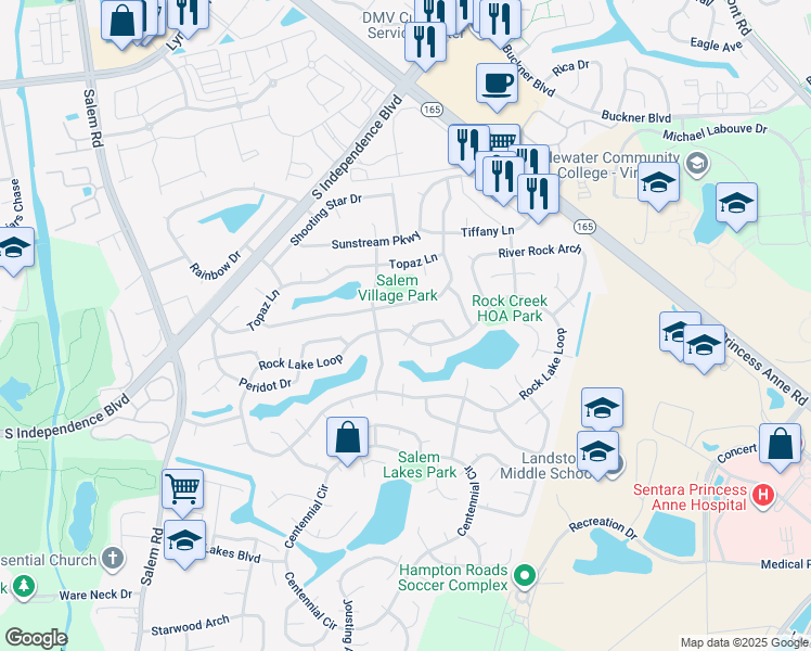 map of restaurants, bars, coffee shops, grocery stores, and more near 1957 Rock Lake Loop in Virginia Beach