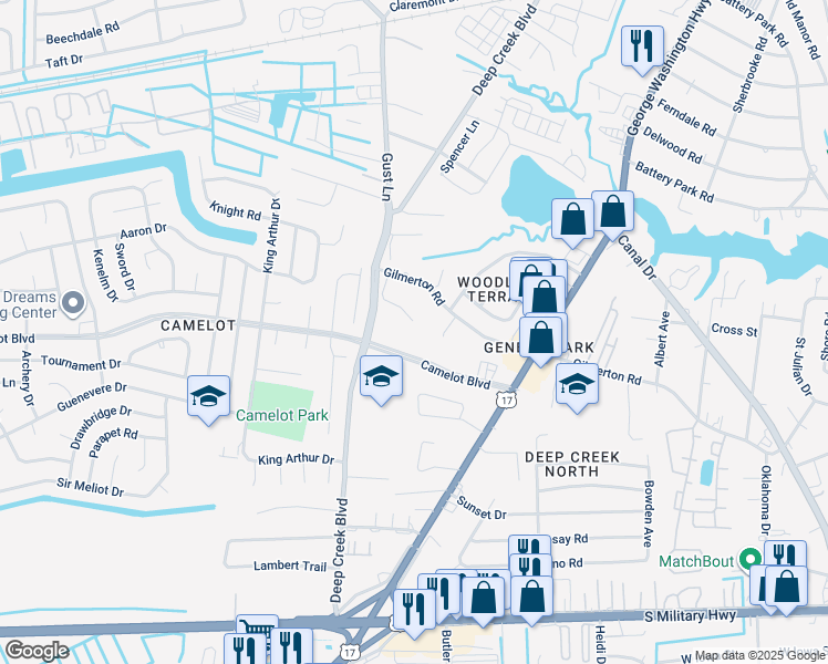 map of restaurants, bars, coffee shops, grocery stores, and more near 2701 Spinners Way in Chesapeake
