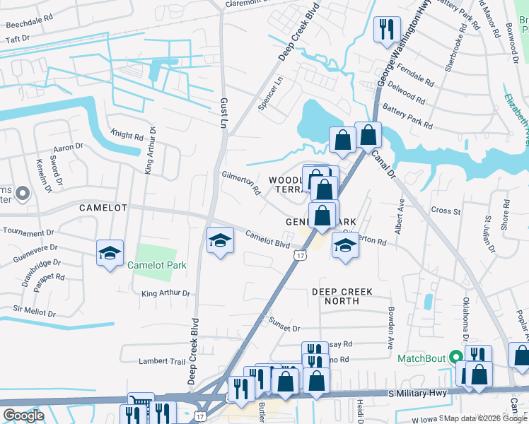 map of restaurants, bars, coffee shops, grocery stores, and more near 2640 Gilmerton Road in Chesapeake