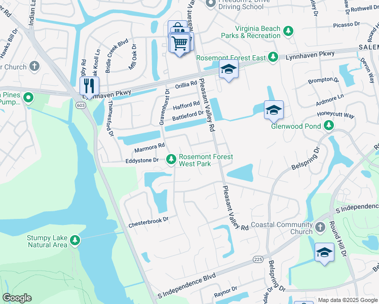 map of restaurants, bars, coffee shops, grocery stores, and more near 1245 Graylyn Road in Virginia Beach