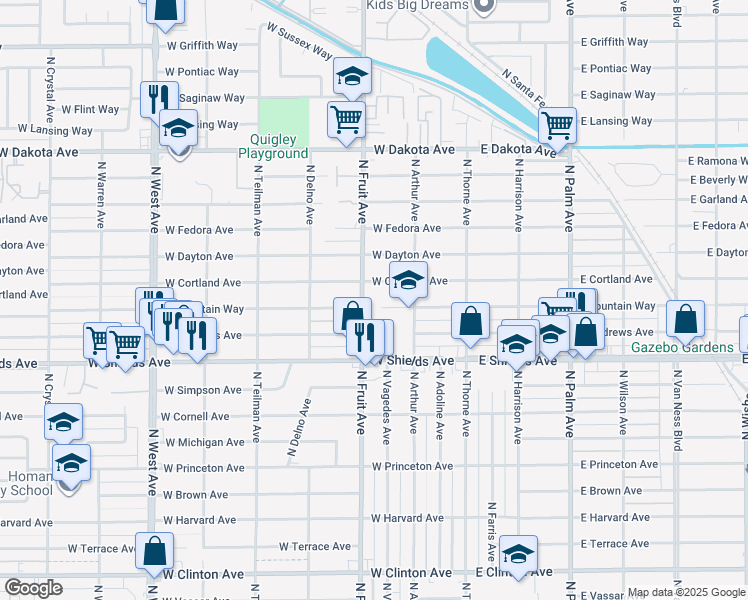 map of restaurants, bars, coffee shops, grocery stores, and more near 3416 North Fruit Avenue in Fresno