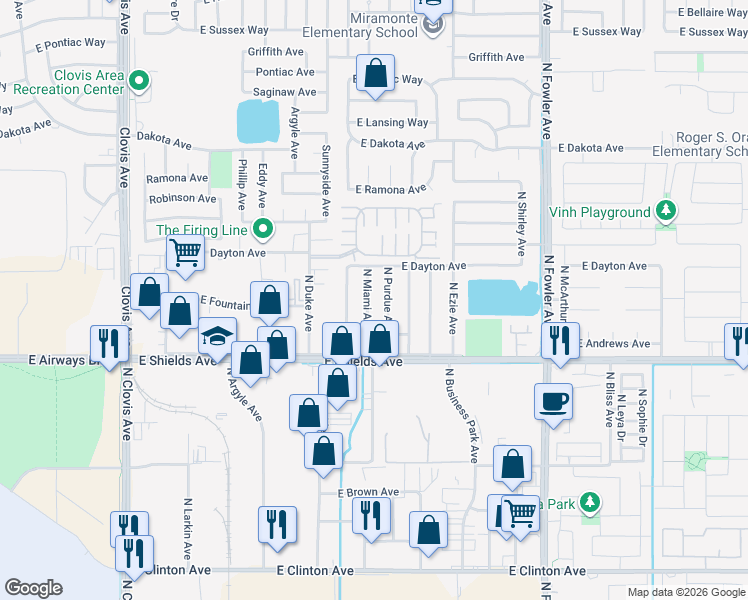 map of restaurants, bars, coffee shops, grocery stores, and more near 3416 North Miami Avenue in Fresno