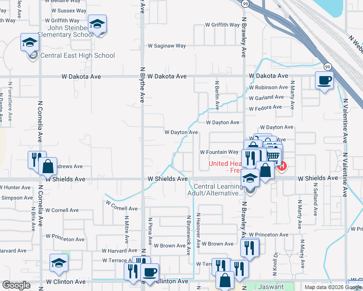 map of restaurants, bars, coffee shops, grocery stores, and more near 4247 W Cortland Ave in Fresno
