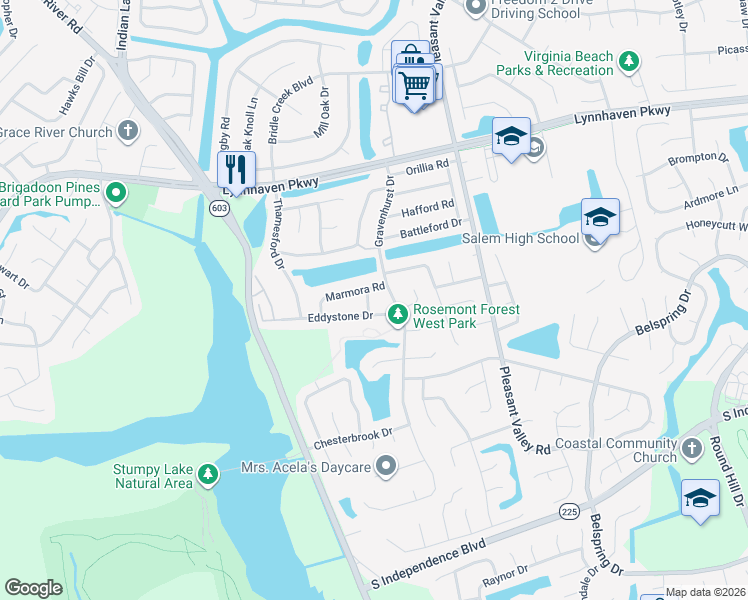 map of restaurants, bars, coffee shops, grocery stores, and more near 1808 Eddystone Ln in Virginia Beach