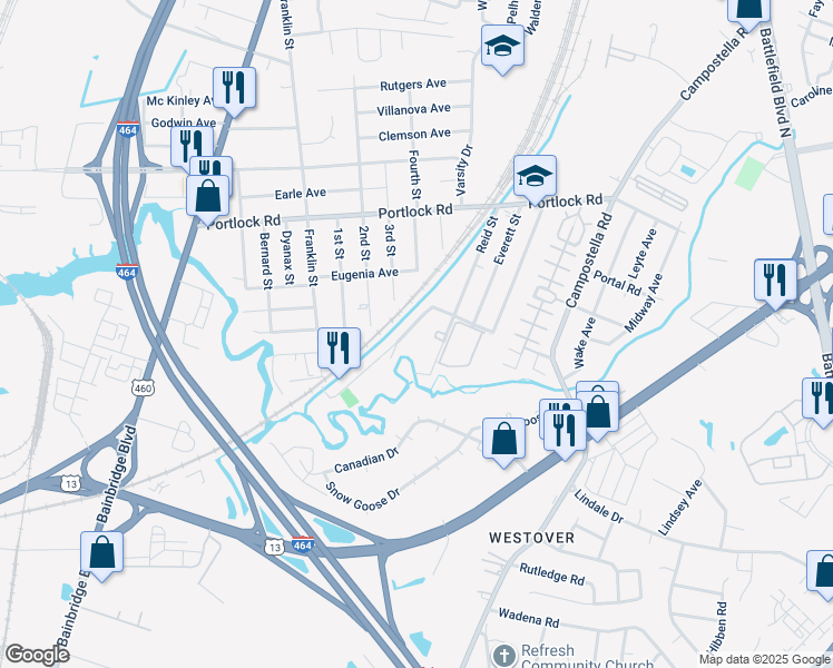 map of restaurants, bars, coffee shops, grocery stores, and more near 1018 Railroad Avenue in Chesapeake
