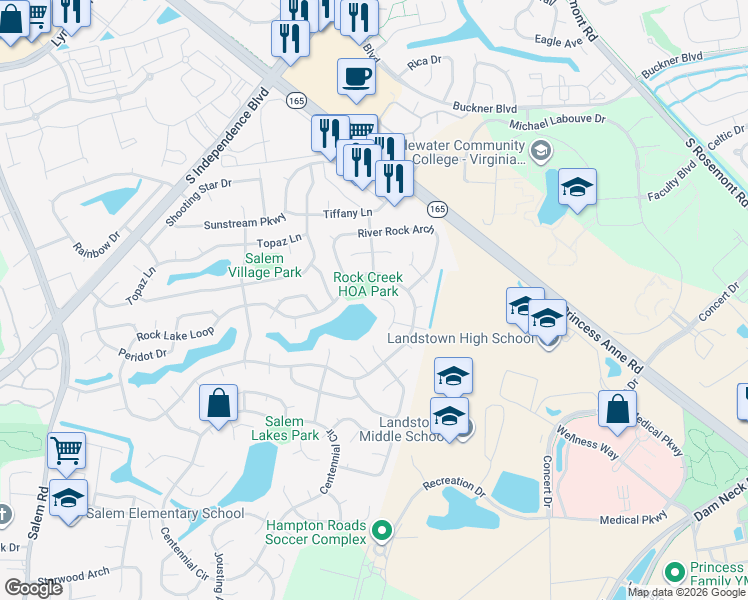 map of restaurants, bars, coffee shops, grocery stores, and more near 2001 White Water Drive in Virginia Beach